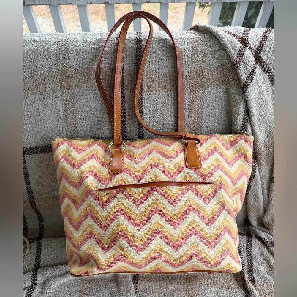 Dooney & Bourke Wren Pink and Yellow Chevron Zip Tote - Picture 3 of 10